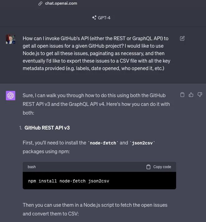 ChatGPT, Prompting for GitHub's API