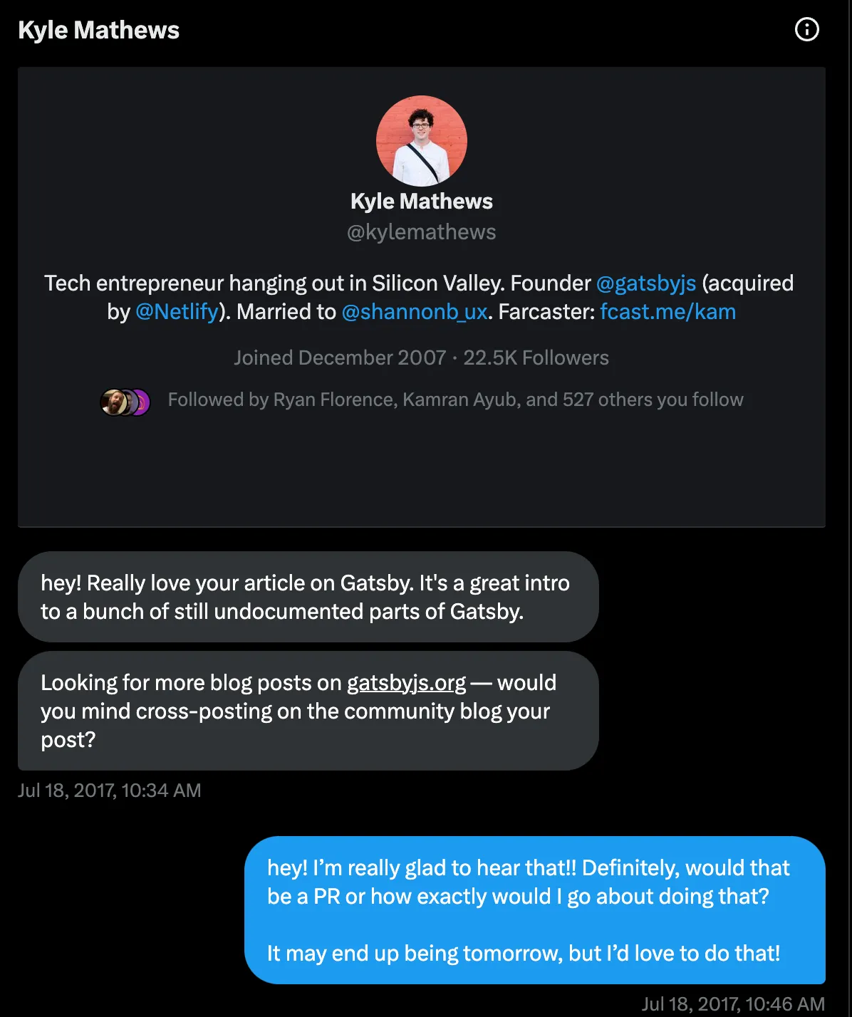 Kyle DMing me on Twitter